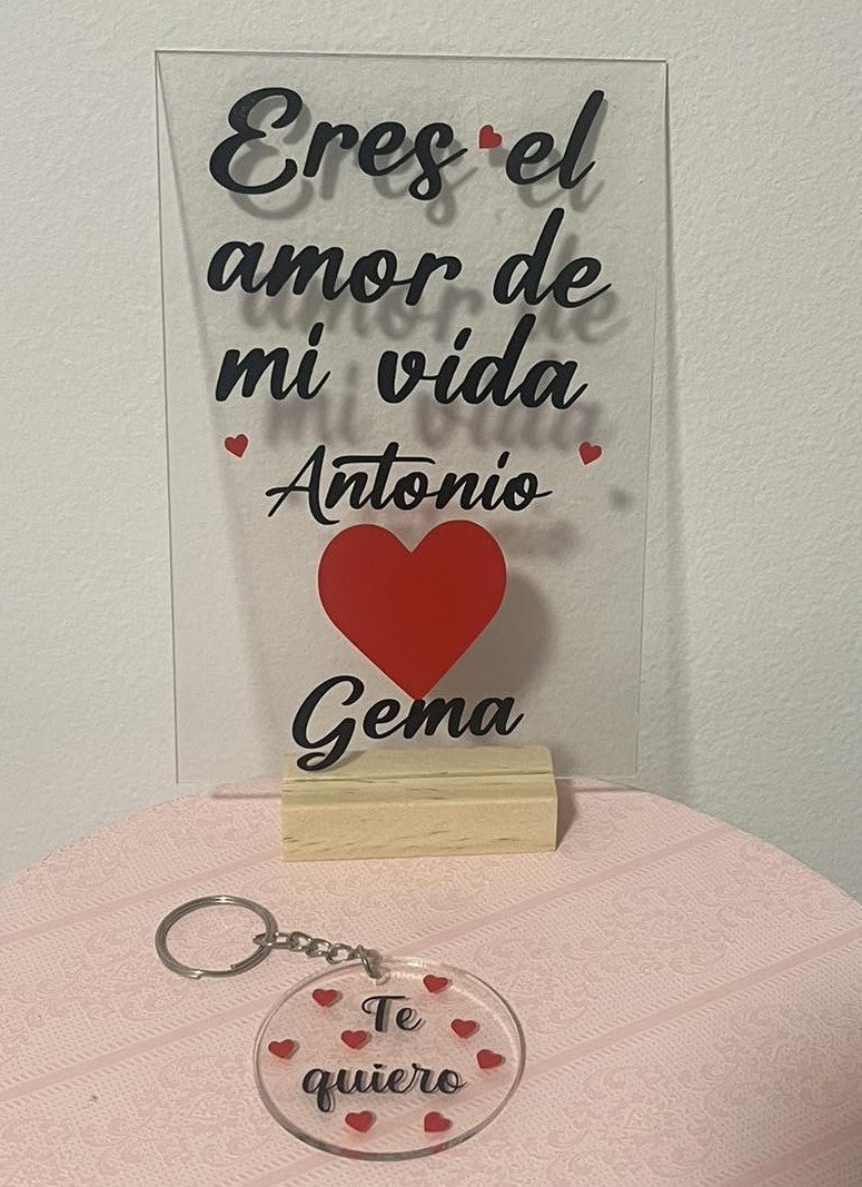 Pack San Valentín Placa "Eres el amor de mi vida" + Llavero "Te quiero"